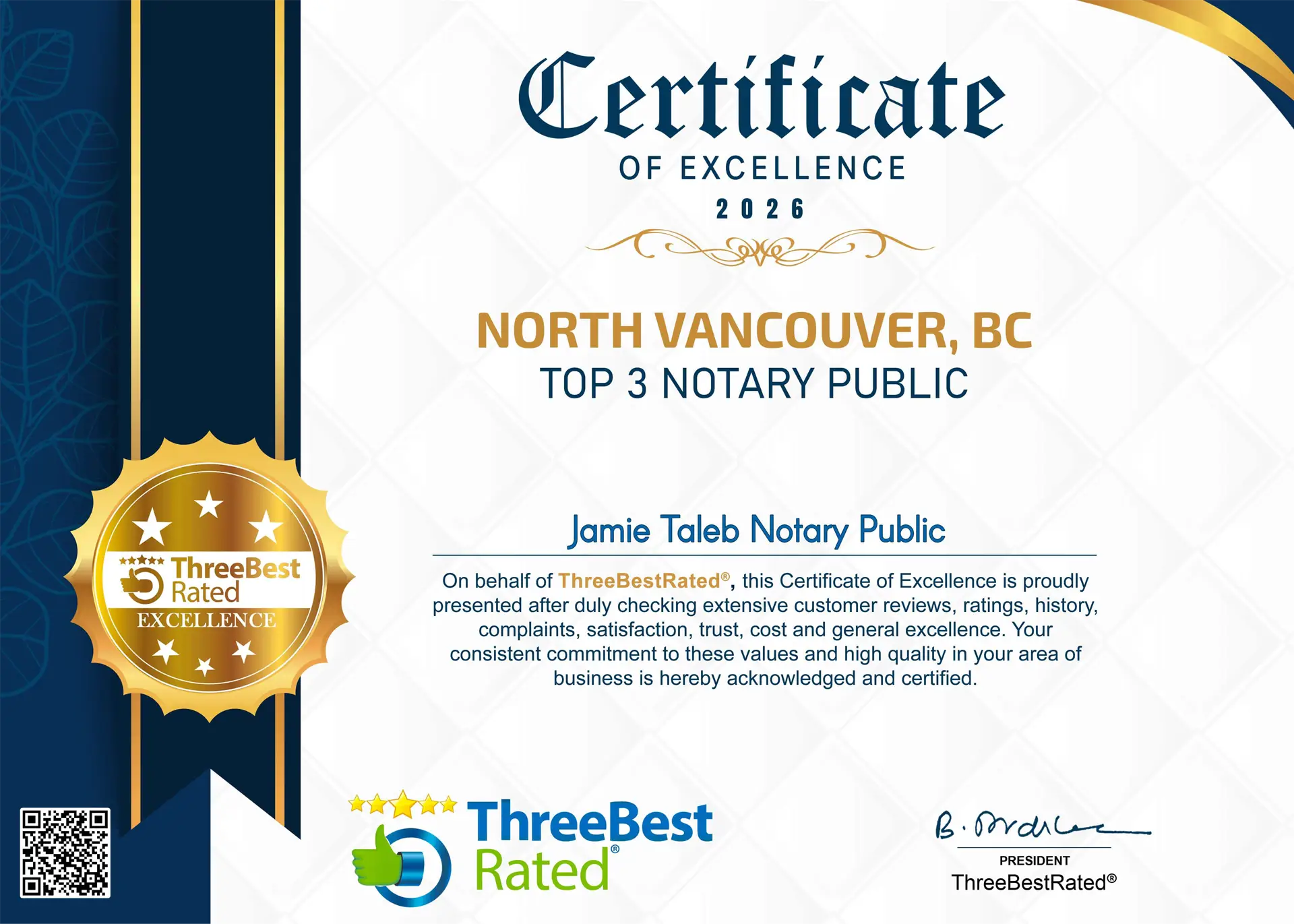 Certificate of Excellence 1 Jamie Taleb Notary certificate of excellence 2026